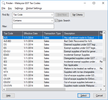 Image of the Malaysia GST Tax Codes screen